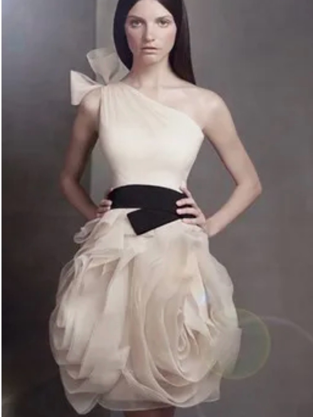 Vera Wang White- One-Shoulder Bow Ivory Dress